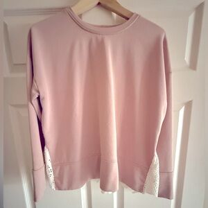 Achers cotton terry crewneck sweater with ruffled eyelet lace trim at the back